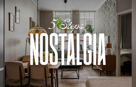5 steps nostalgia tittle laid over an image of a vintage inspired studio apartment