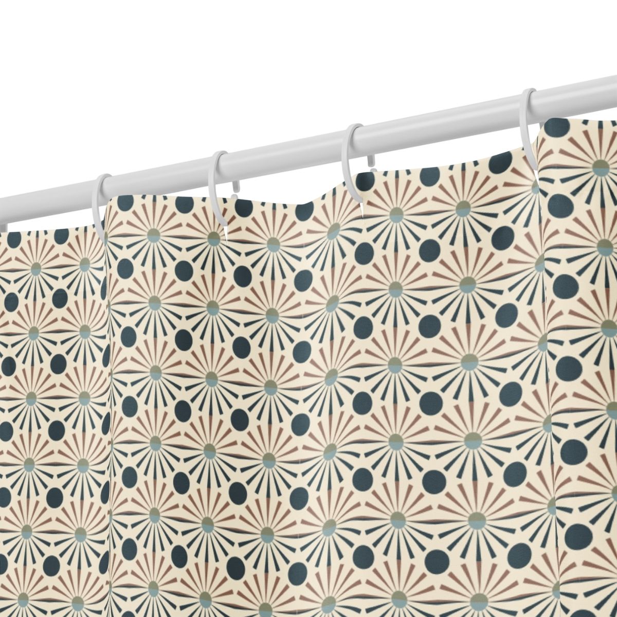 Closeup view of the whimsically colorful pattern of the Aaron fabric shower curtain.