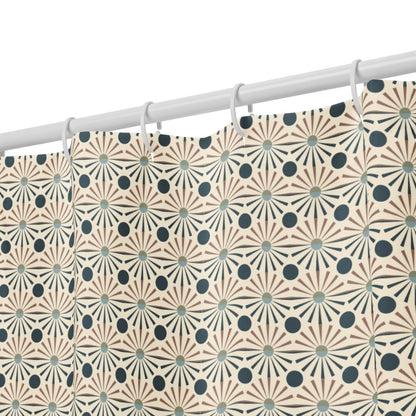 Closeup view of the whimsically colorful pattern of the Aaron fabric shower curtain.