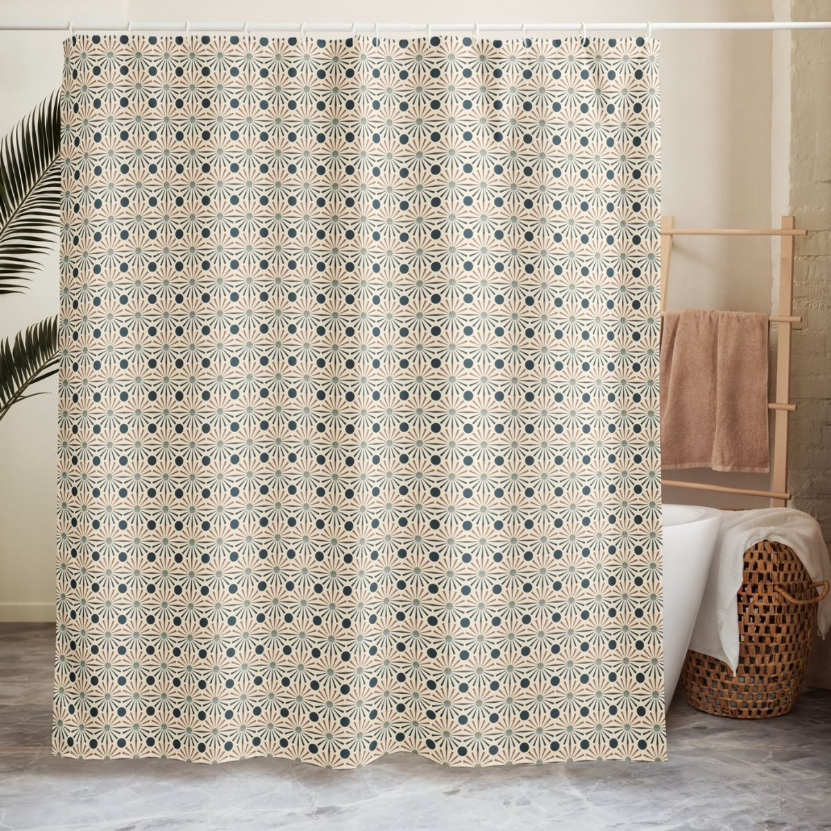 The colorful design of the Aaron shower curtain is on full display in this bathroom setting.