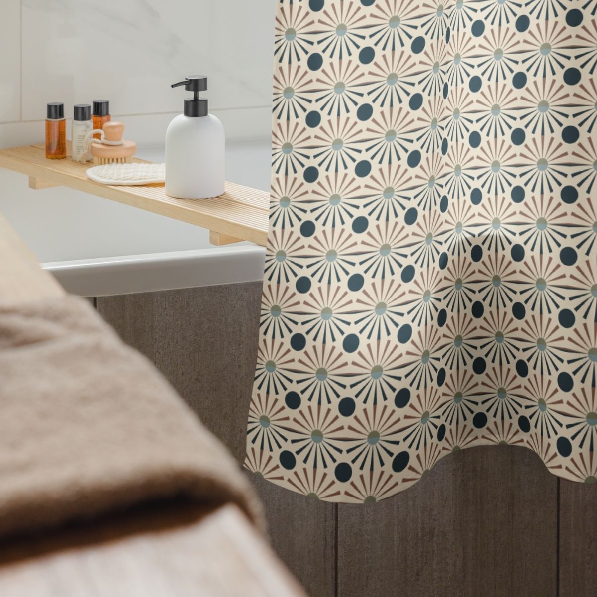 Closeup of the Aaron fabric shower curtain in front of a bath bar and accessories.