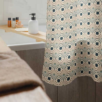 Closeup of the Aaron fabric shower curtain in front of a bath bar and accessories.