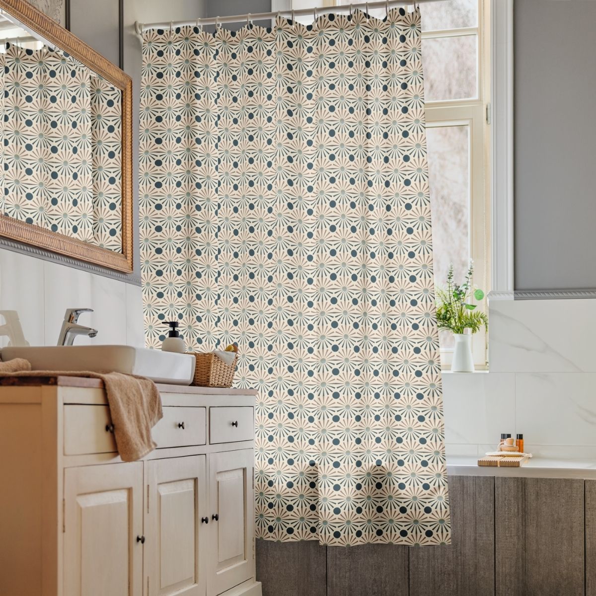 The Aaron shower curtain adds color to a neutral bathroom.