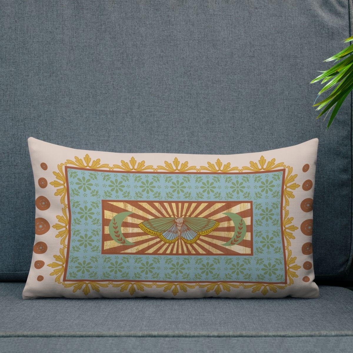 Decorative pillow with a geometric design on a gray background