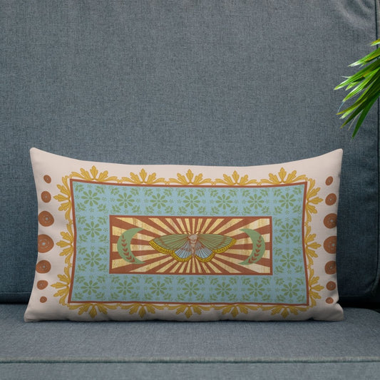 Decorative pillow with a geometric design on a gray background
