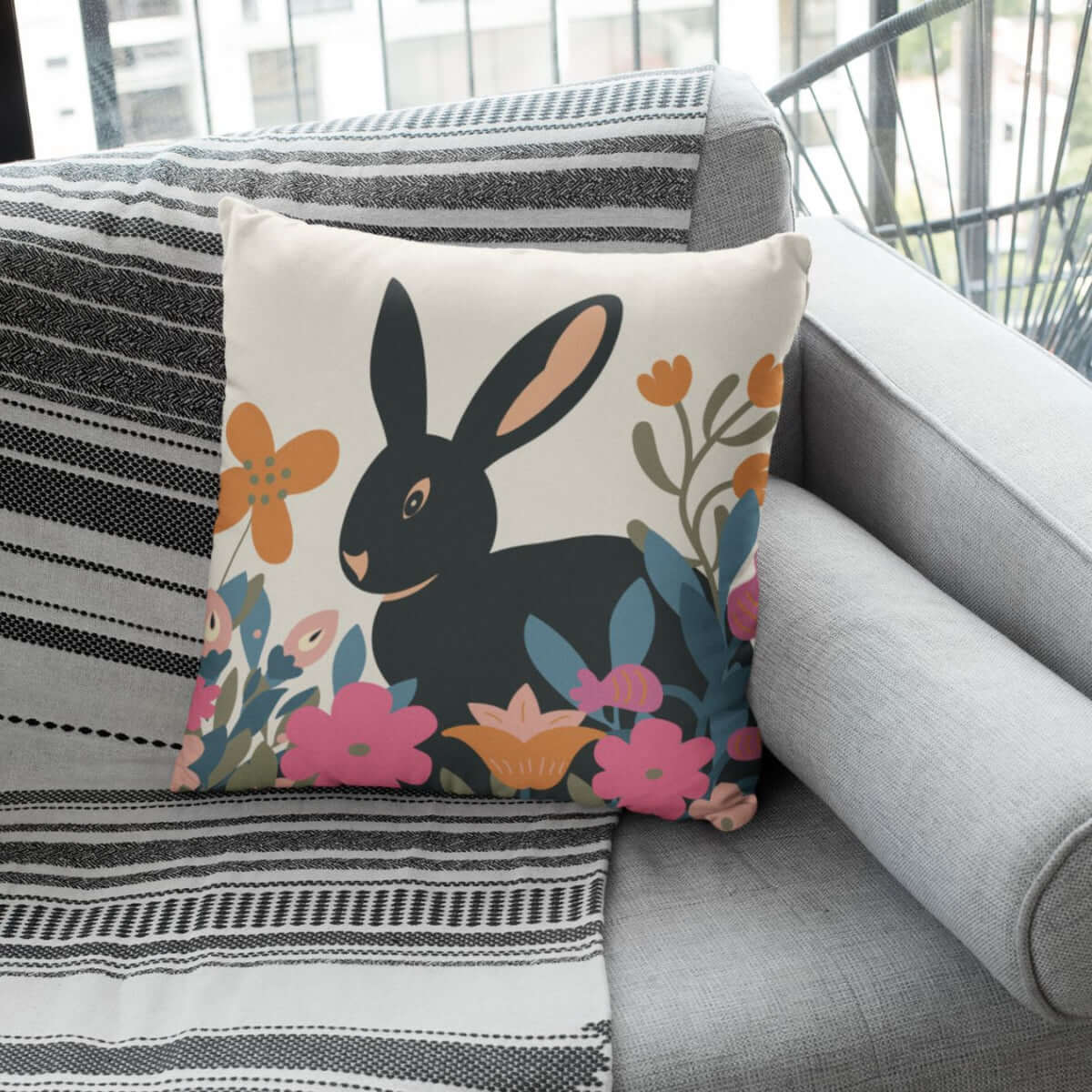 The Baxter bunny decorative throw pillow on a couch with a throw blanket.