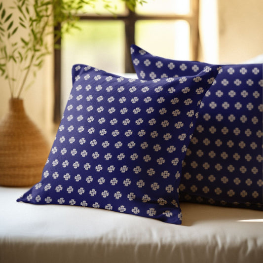 Beautiful floral pattern modern fork cottage home decor in a deep indigo with beige flowers.