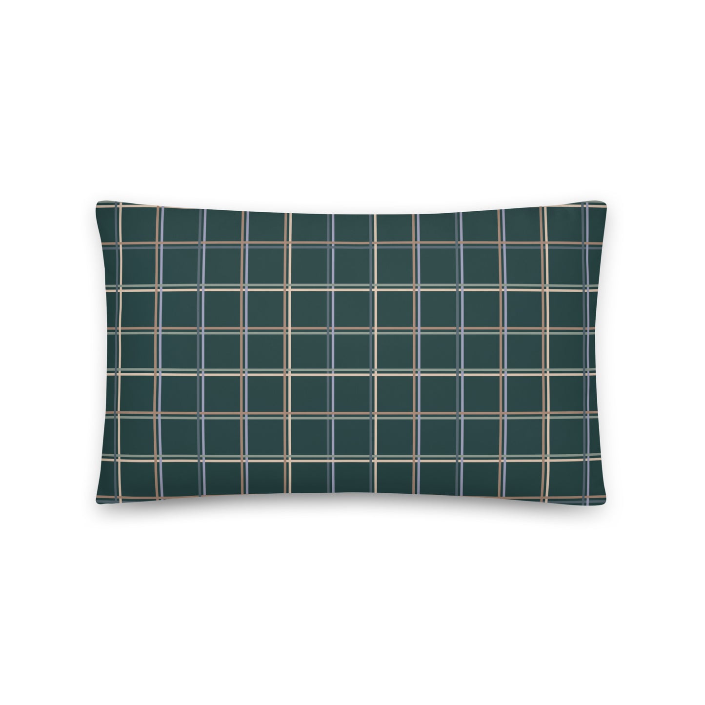 Product mockup for the Glen comfy, cozy cottagecore pastel plaid and green accent throw pillow.