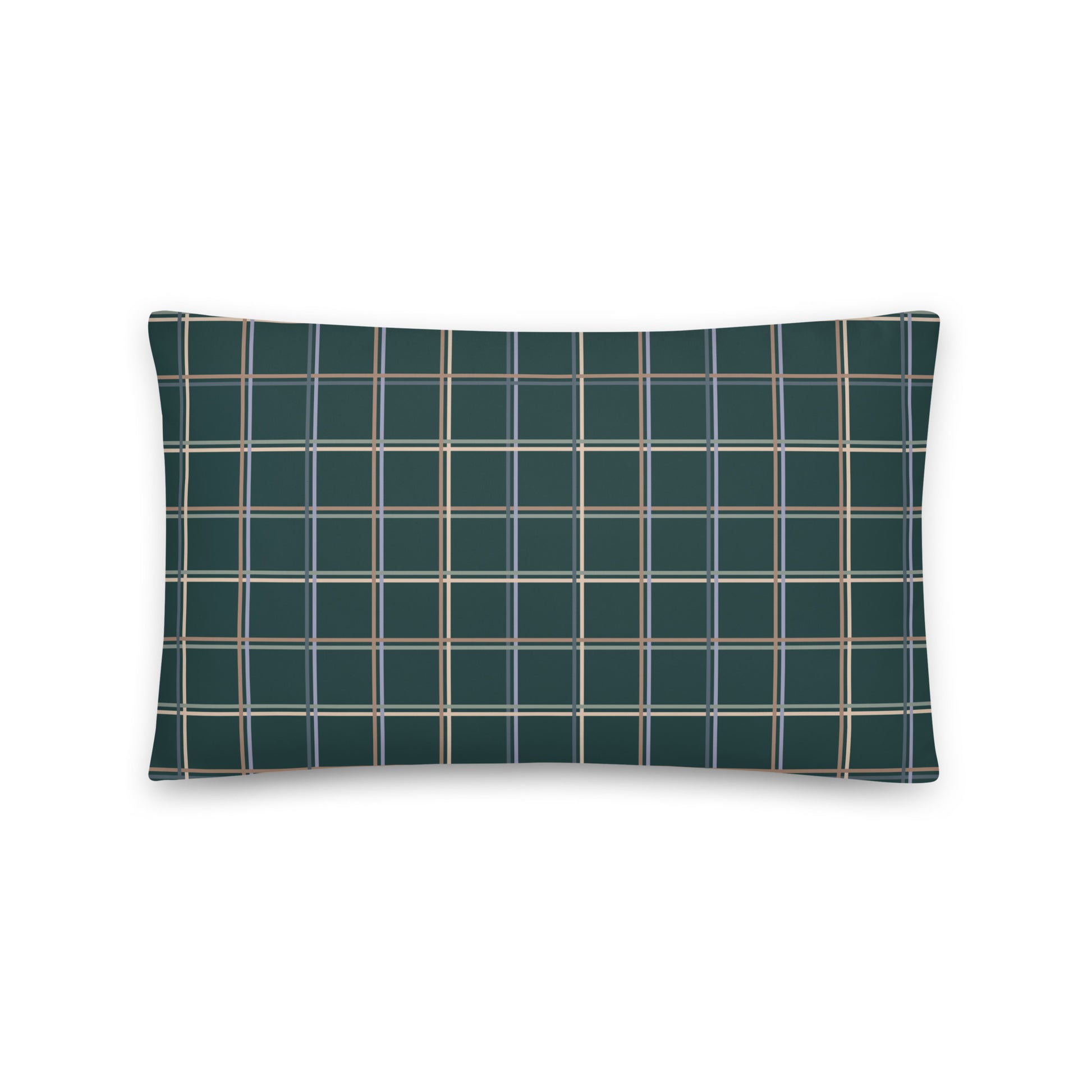 Product mockup for the Glen comfy, cozy cottagecore pastel plaid and green accent throw pillow.