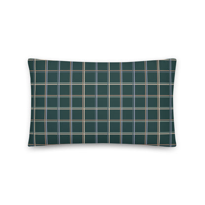 Product mockup for the Glen comfy, cozy cottagecore pastel plaid and green accent throw pillow.