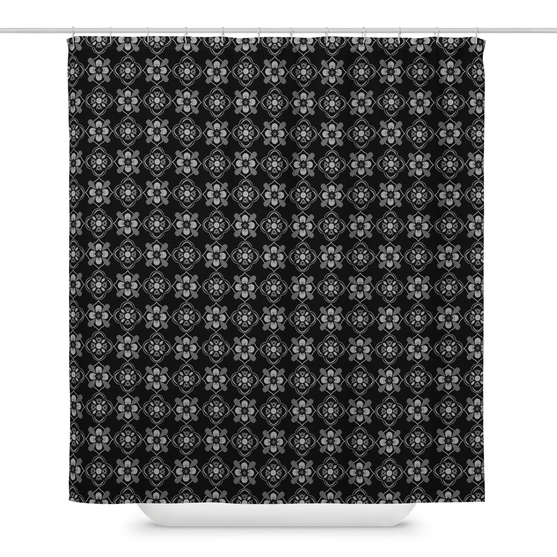 Fabric shower curtain with black and white geometric floral pattern