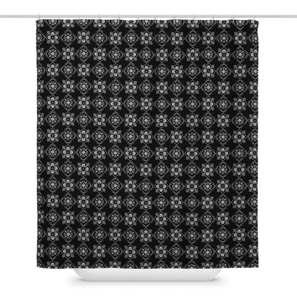Fabric shower curtain with black and white geometric floral pattern