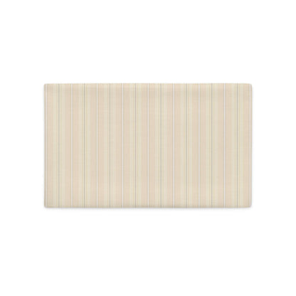 Product mockup for the Joseph decorative lumbar throw pillow cover in the linen polyester option. The pillow has a striped pattern on the front and a plaid design on the back.