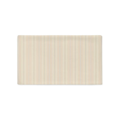 Product mockup for the Joseph decorative lumbar throw pillow cover in the satin polyester option. The pillow has a striped pattern on the front and a plaid design on the back.