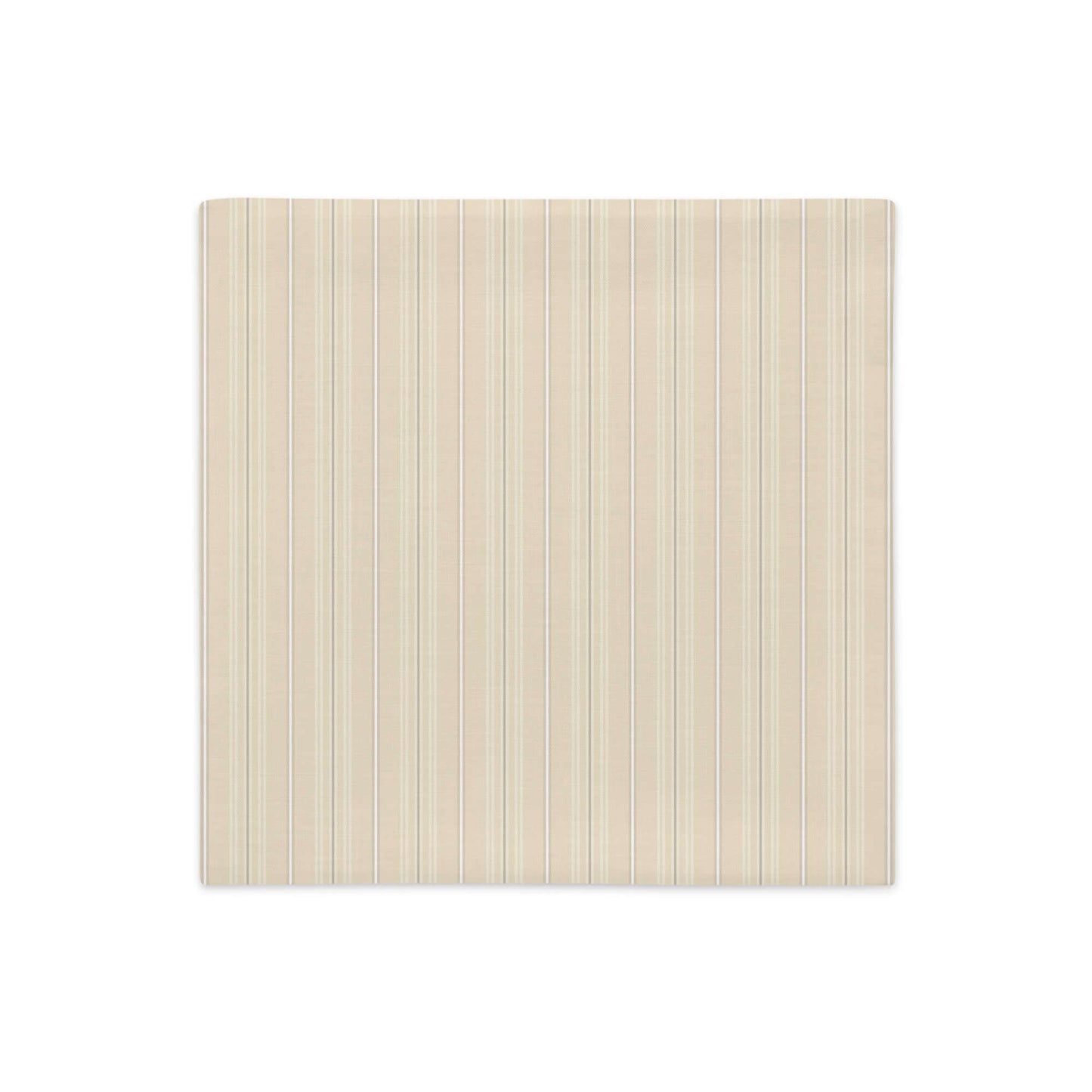 Product mockup for the front of the Joseph striped plaid decorative 18 inch square throw pillow cover in linen polyester. Creamy beige, white, and gray colored pattern.