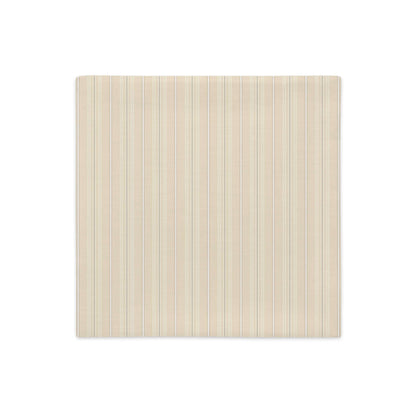 Product mockup for the front of the Joseph striped plaid decorative 18 inch square throw pillow cover in linen polyester. Creamy beige, white, and gray colored pattern.