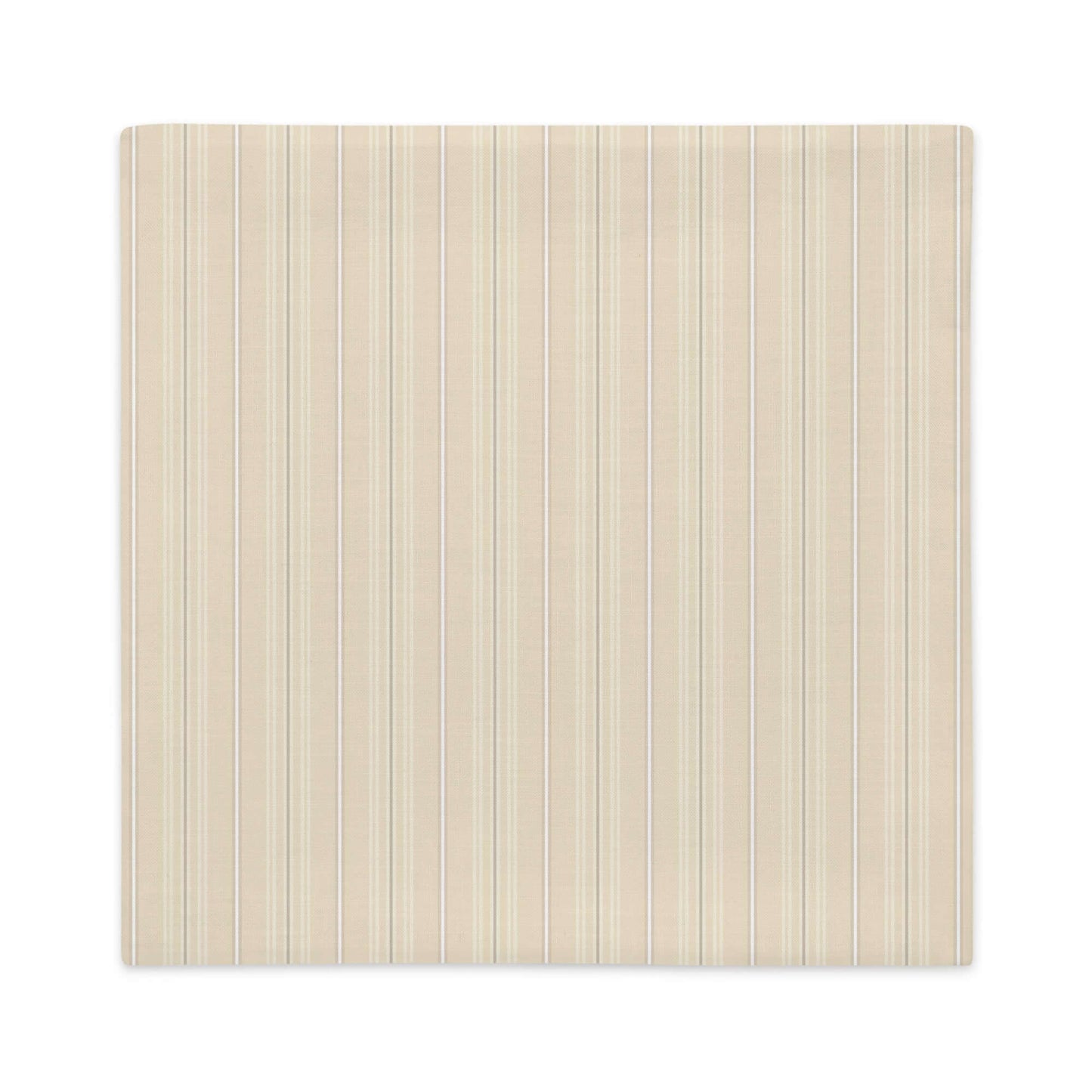 Product mockup for the front of the Joseph striped plaid decorative 22 inch square throw pillow in linen polyester. Creamy beige, white, and gray colored pattern.