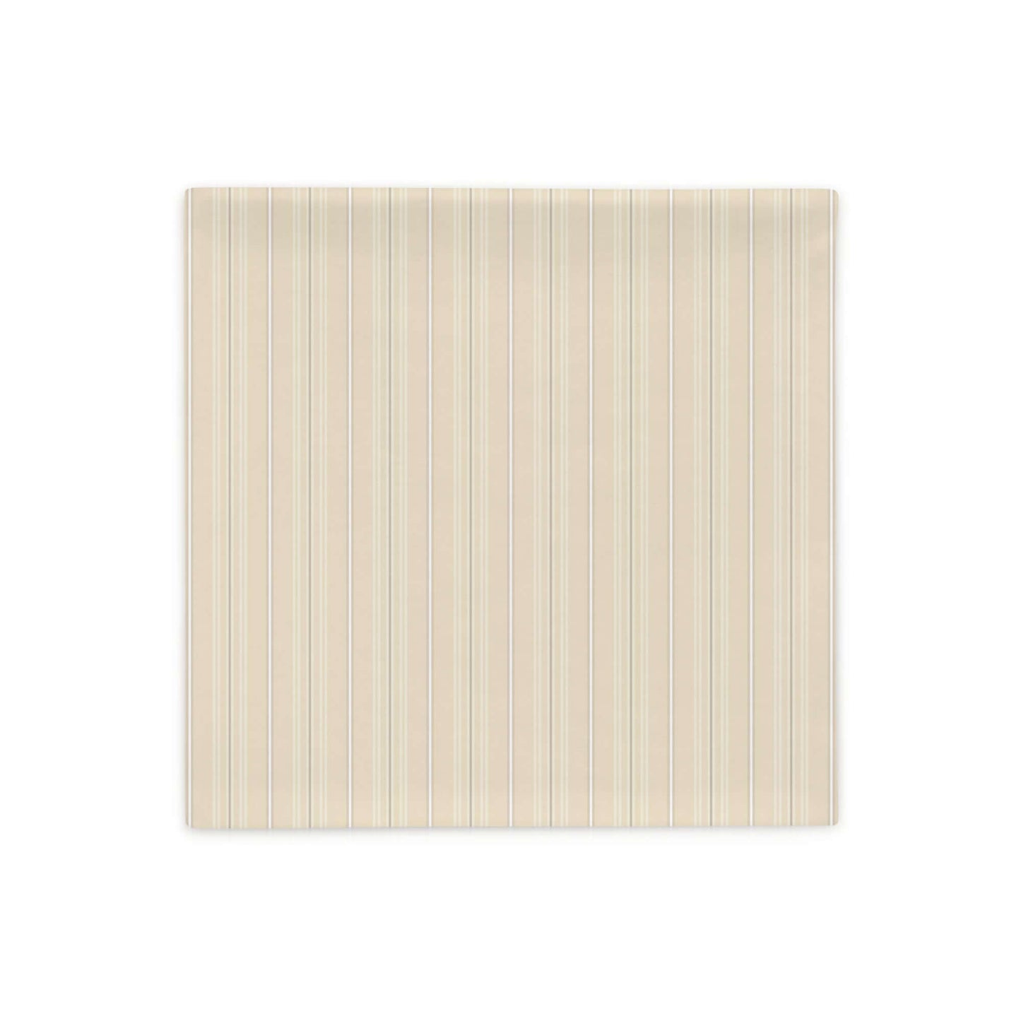 Product mockup for the front of the Joseph striped plaid decorative 18 inch square throw pillow cover in satin polyester. Creamy beige, white, and gray colored pattern.