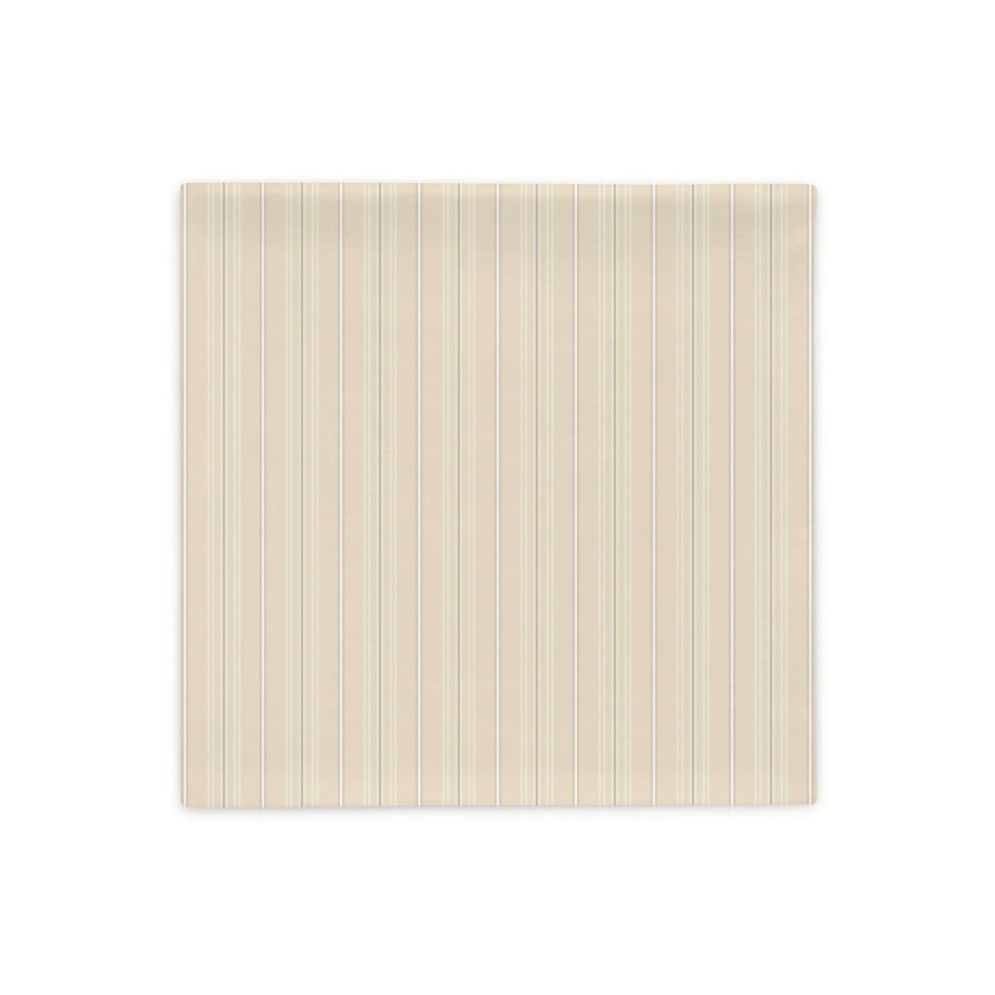 Product mockup for the front of the Joseph striped plaid decorative 18 inch square throw pillow cover in satin polyester. Creamy beige, white, and gray colored pattern.