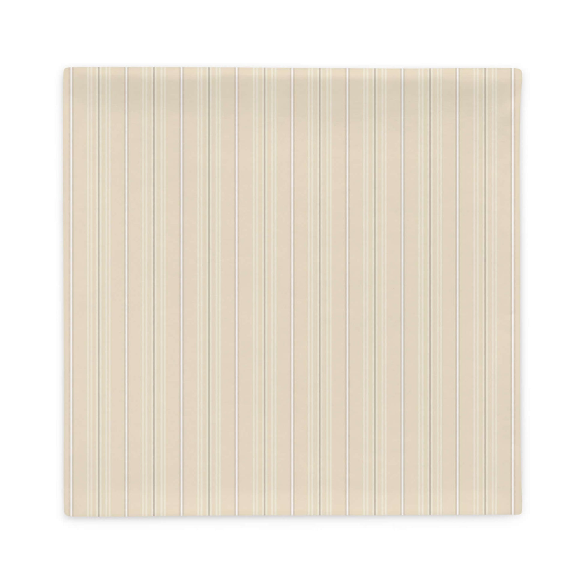 Product mockup for the front of the Joseph striped plaid decorative 22 inch square throw pillow cover in satin polyester. Creamy beige, white, and gray colored pattern.