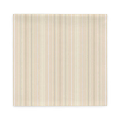 Product mockup for the front of the Joseph striped plaid decorative 22 inch square throw pillow cover in satin polyester. Creamy beige, white, and gray colored pattern.