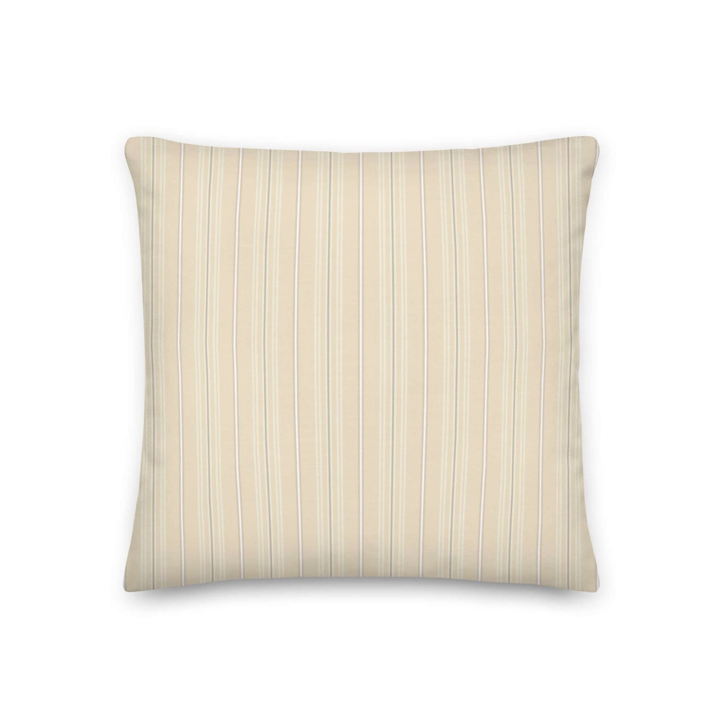 Product mockup for the front of the Joseph striped plaid decorative 18 inch square throw pillow in latin polyester. Creamy beige, white, and gray colored pattern.