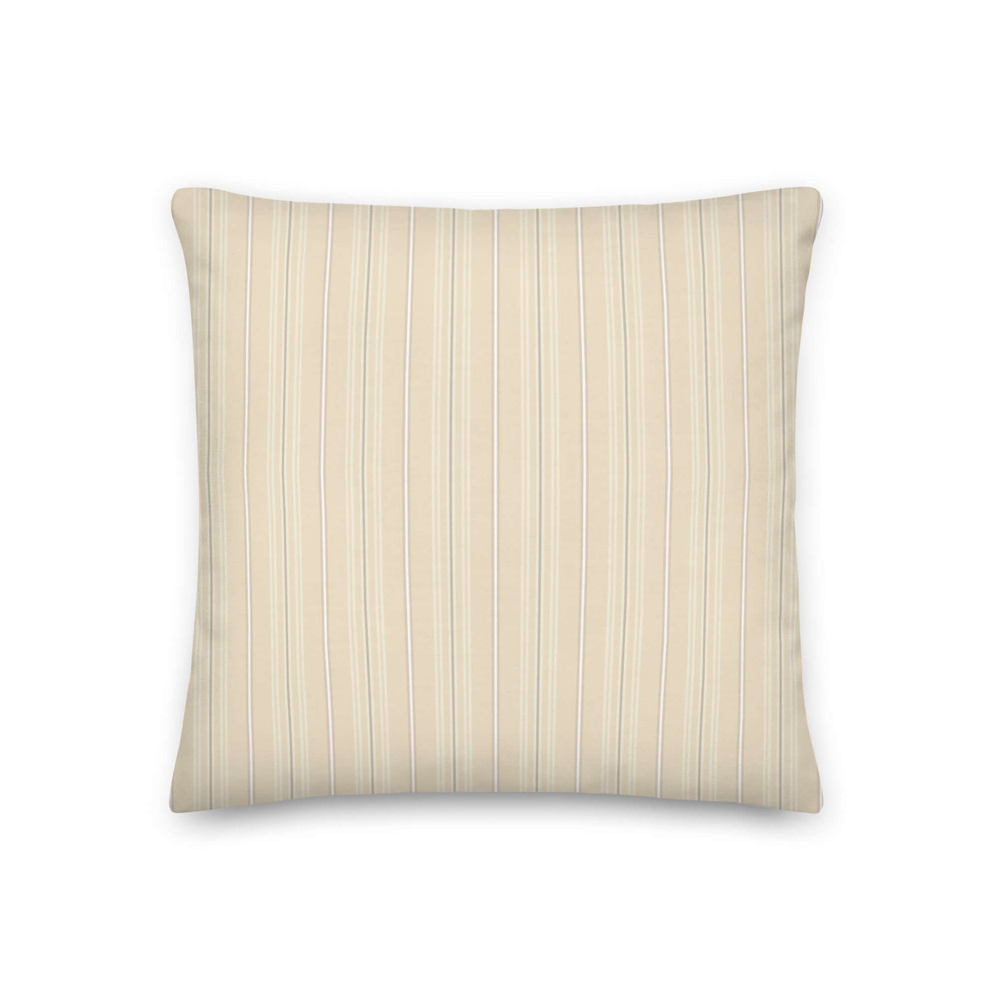 Product mockup for the front of the Joseph striped plaid decorative 18 inch square throw pillow in latin polyester. Creamy beige, white, and gray colored pattern.