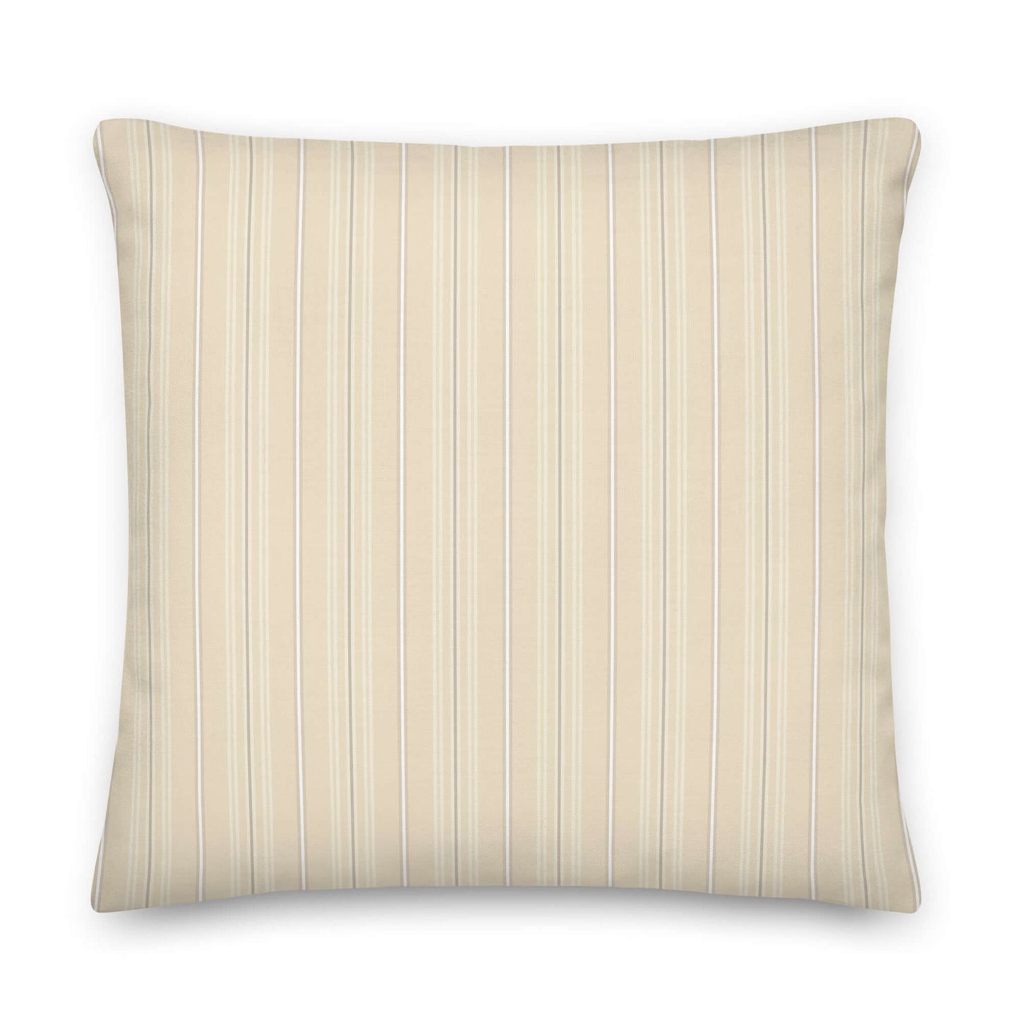 Product mockup for the front of the Joseph striped plaid decorative 22 inch square throw pillow in linen polyester. Creamy beige, white, and gray colored pattern.