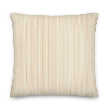Product mockup for the front of the Joseph striped plaid decorative 22 inch square throw pillow in linen polyester. Creamy beige, white, and gray colored pattern.