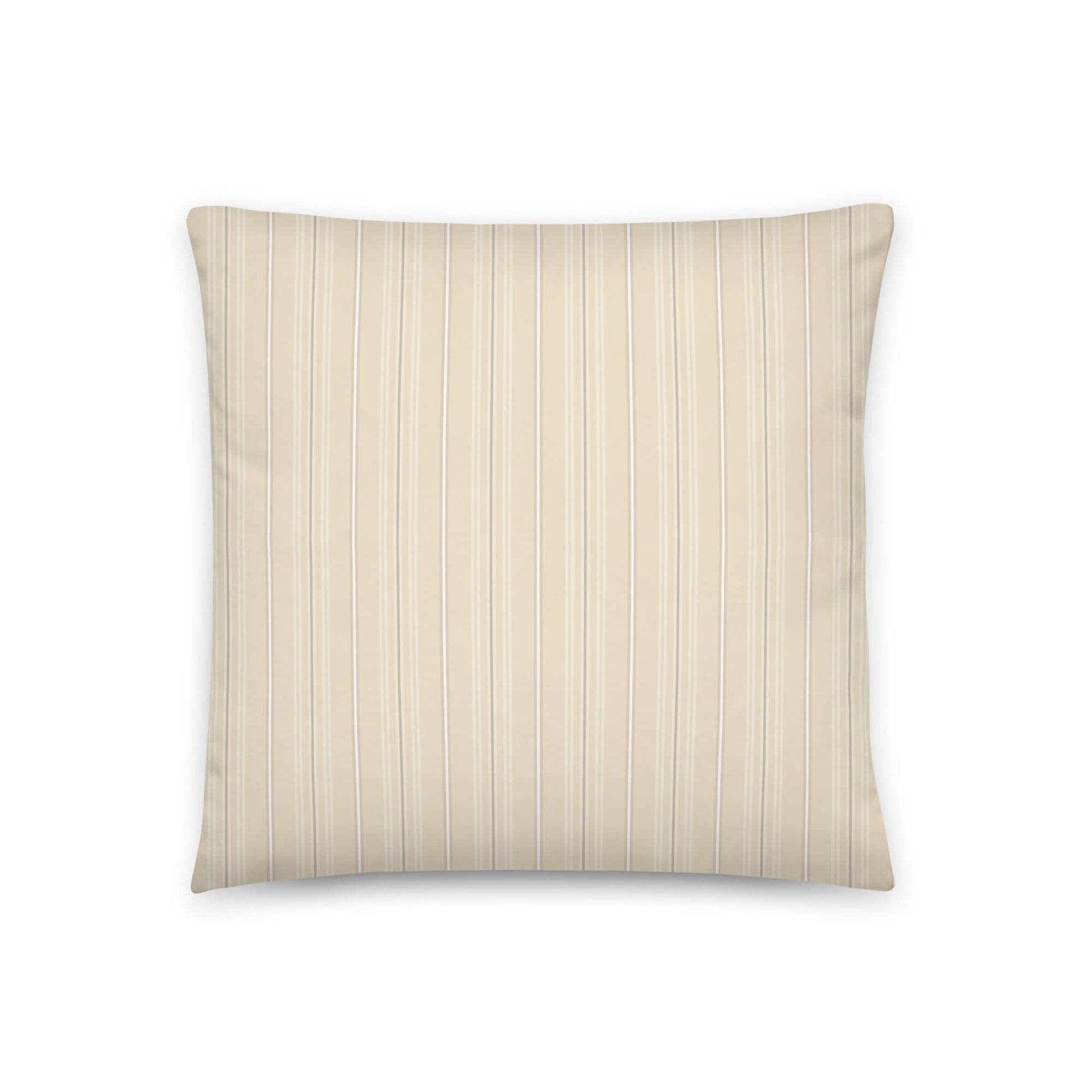 Product mockup for the front of the Joseph striped plaid decorative square throw pillow in satin polyester. Creamy beige, white, and gray colored pattern.