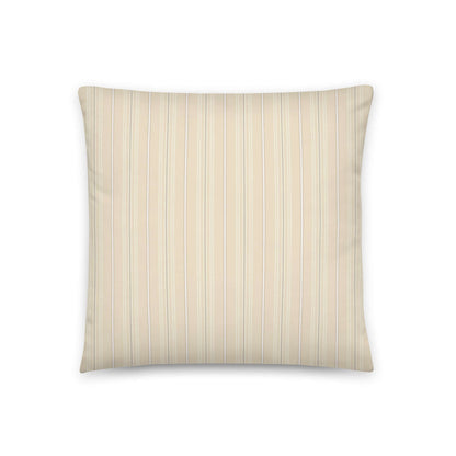 Product mockup for the front of the Joseph striped plaid decorative square throw pillow in satin polyester. Creamy beige, white, and gray colored pattern.