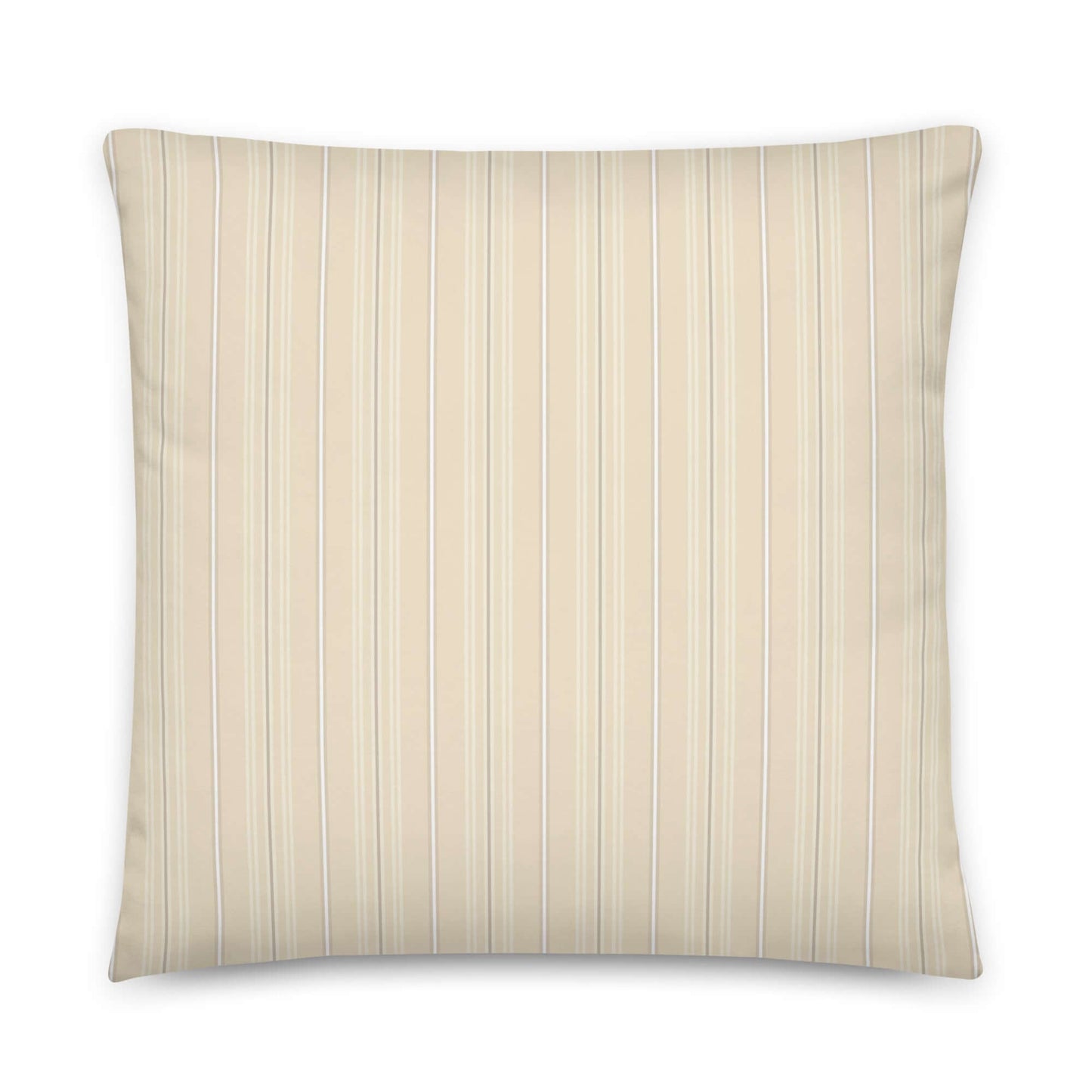 Product mockup for the front of the Joseph striped plaid decorative 22 inch square throw pillow in satin polyester. Creamy beige, white, and gray colored pattern.