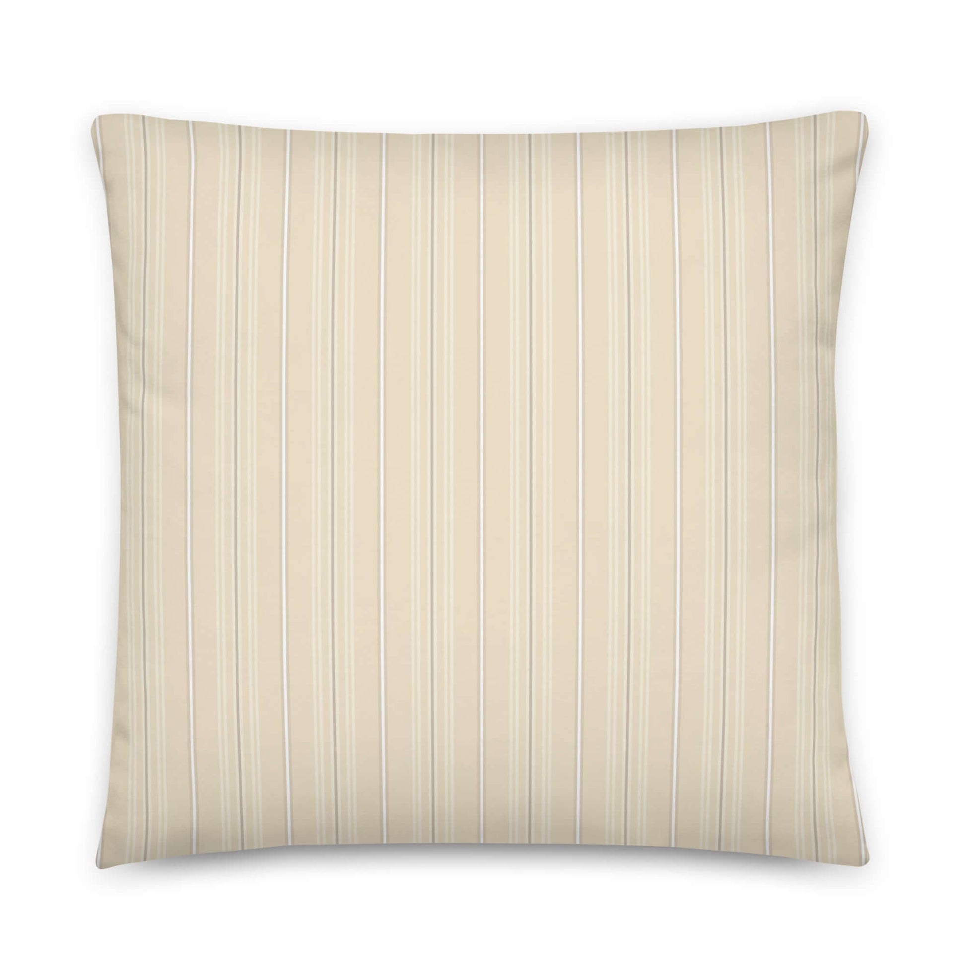 Product mockup for the front of the Joseph striped plaid decorative 22 inch square throw pillow in satin polyester. Creamy beige, white, and gray colored pattern.