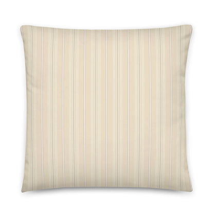 Product mockup for the front of the Joseph striped plaid decorative 22 inch square throw pillow in satin polyester. Creamy beige, white, and gray colored pattern.