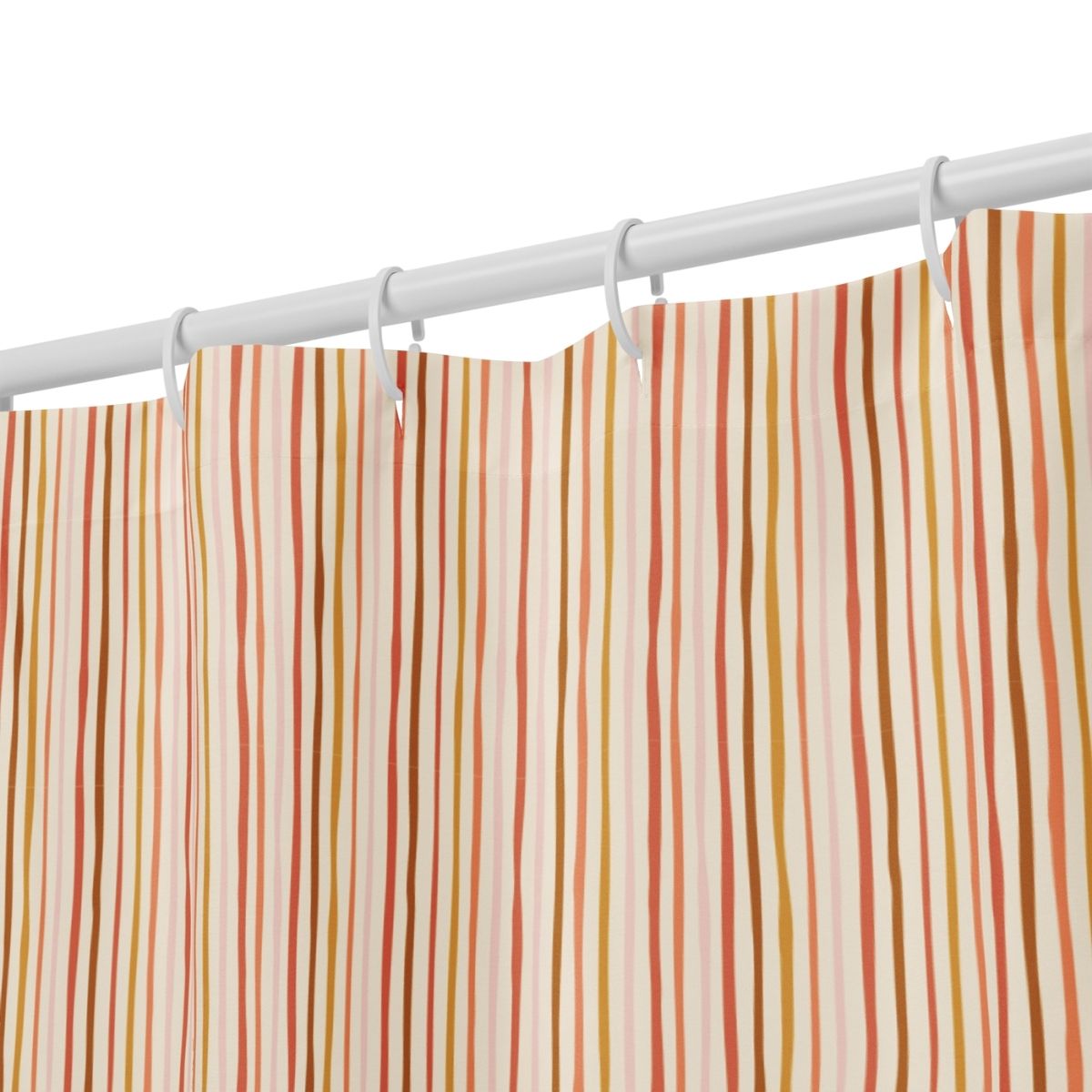 Striped shower curtain with multicolor pattern on a white rod