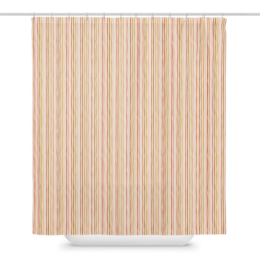 Striped shower curtain with vertical lines on a white background