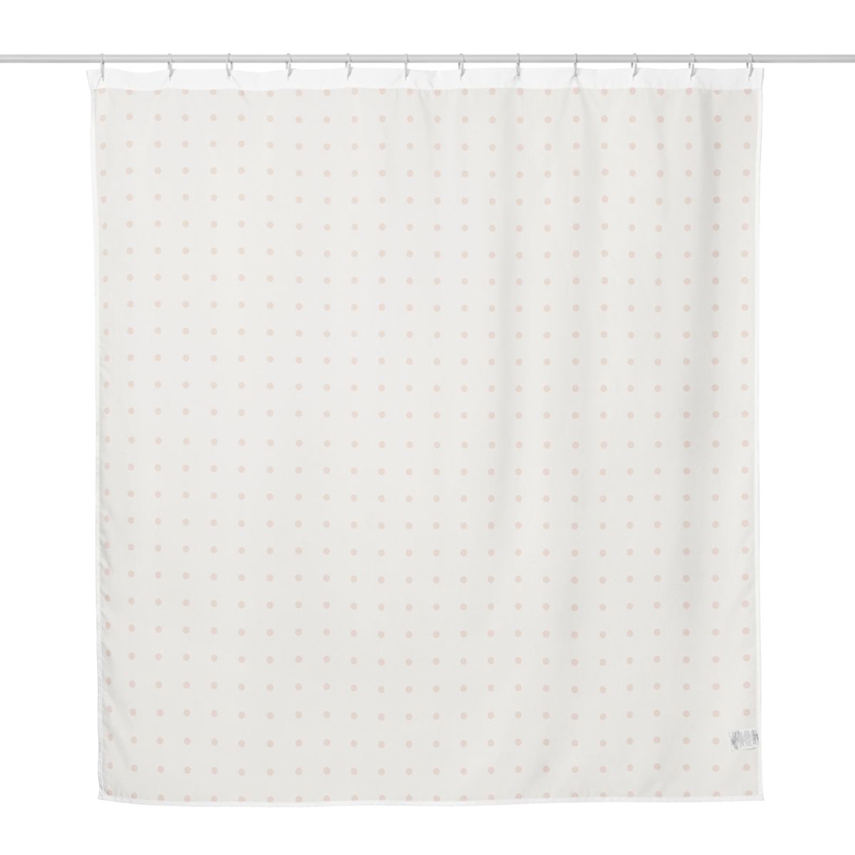 Backside of shower curtain with polka dot pattern on front side.