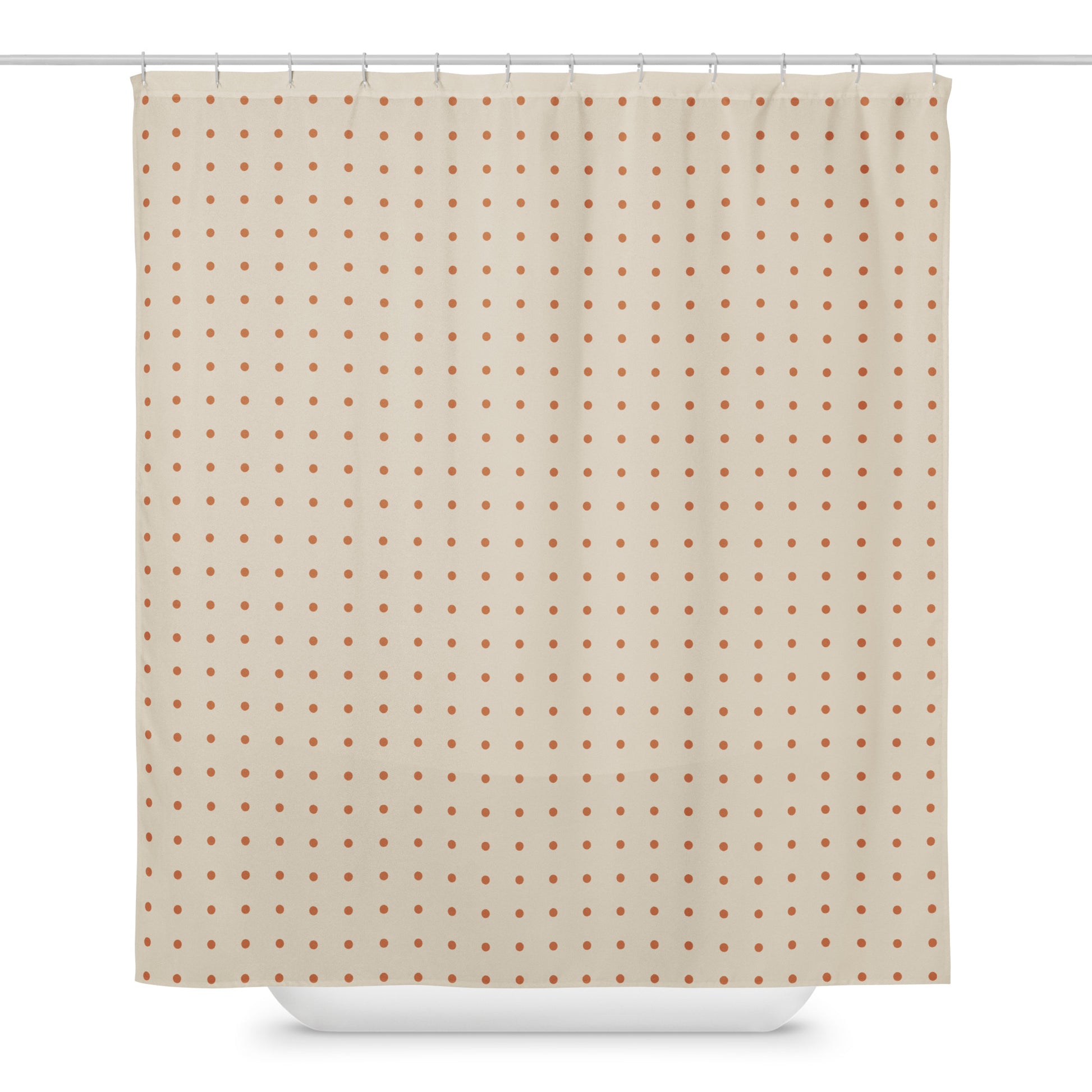 Shower curtain with a polka dot pattern on a beige background