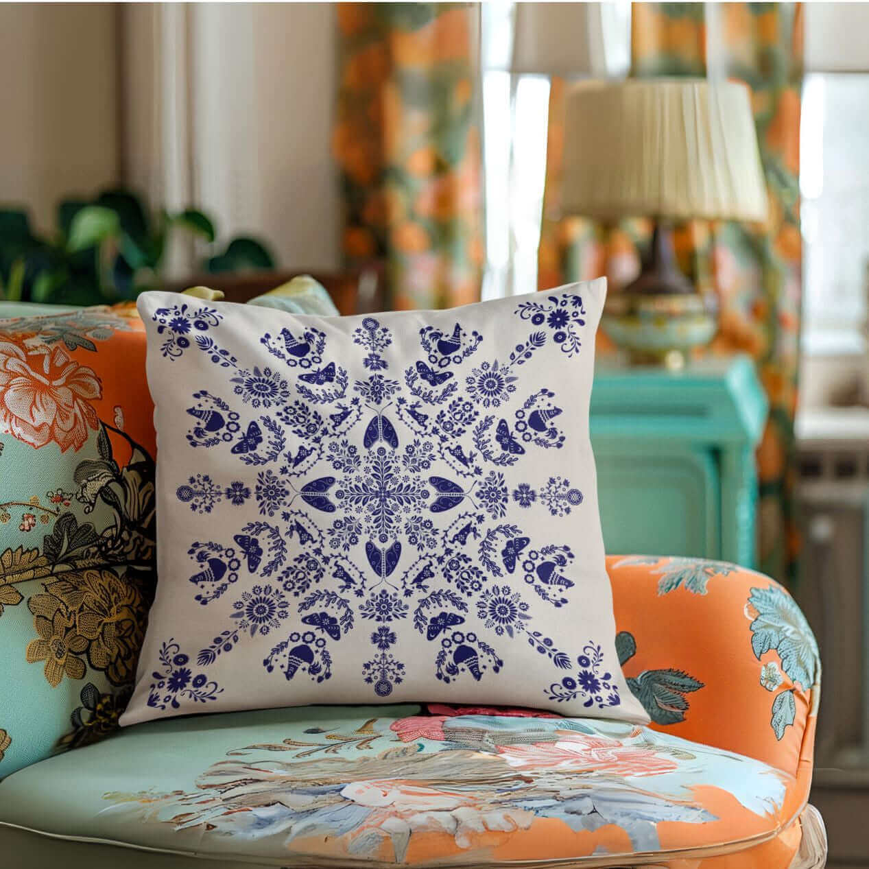 Maria cozy, comfy cottagecore pillow in a brightly colored floral accent chair in a charming cottage living room.