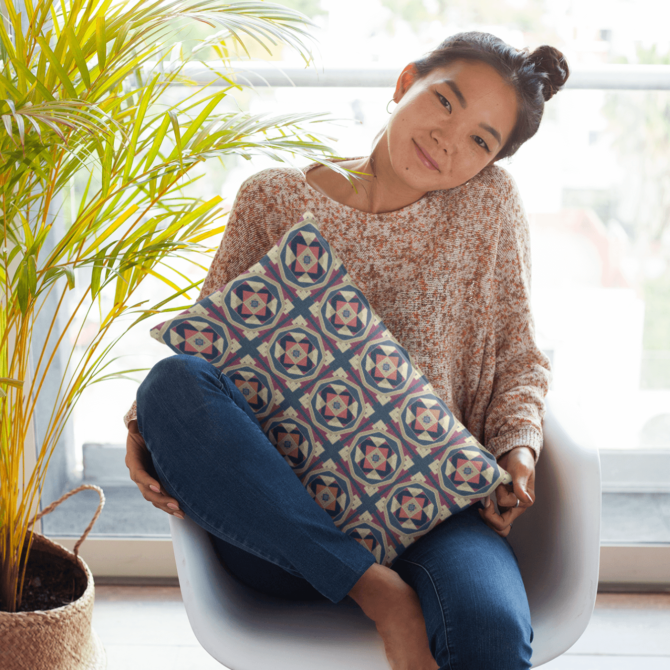 Owen is a bright and colorful modern geometric lumbar pillow made from linen-polyester making it machine washable. Adds a lot of personality to any home decor.