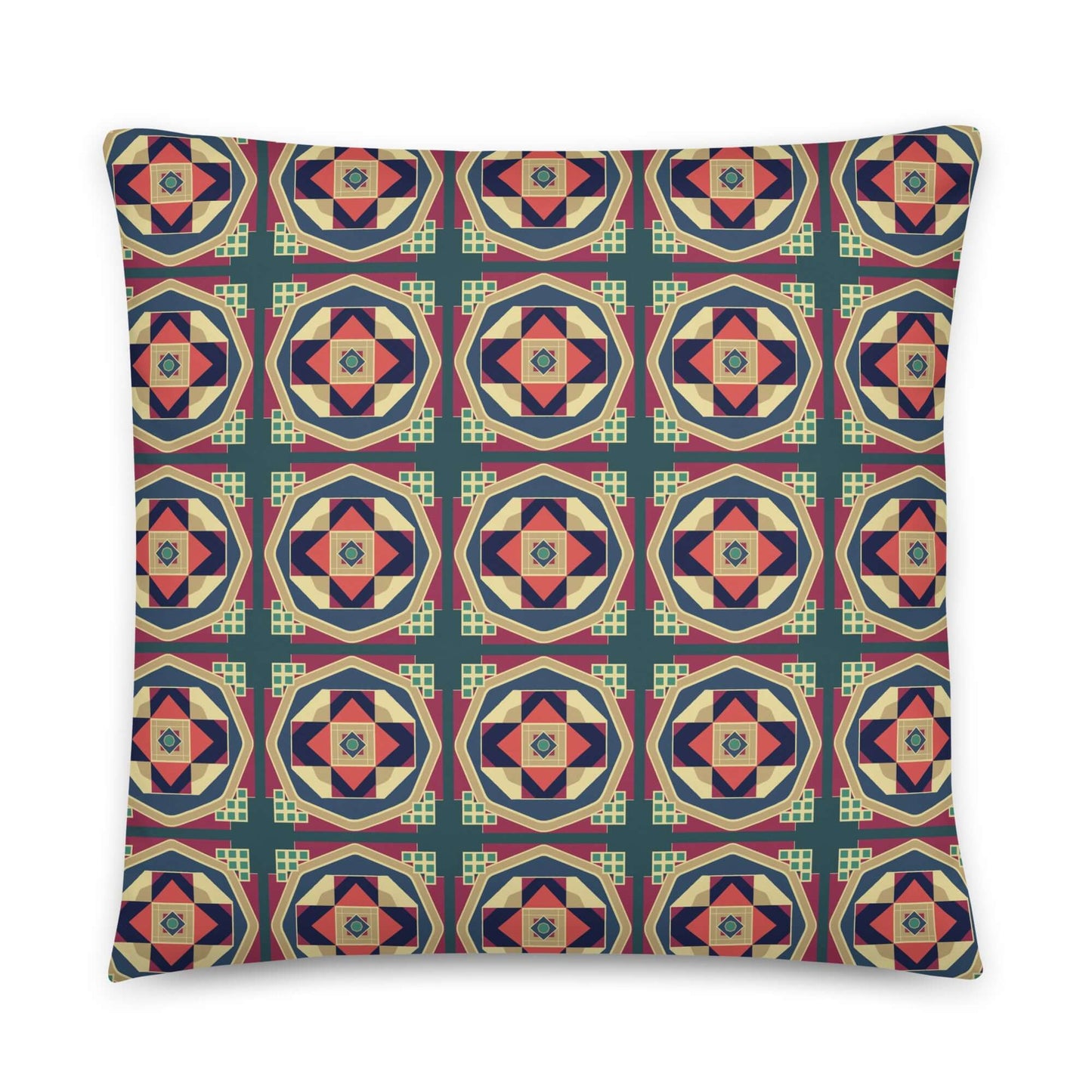 Product mockup for the Owen geometric pillow showing the colorful front of the pillow.