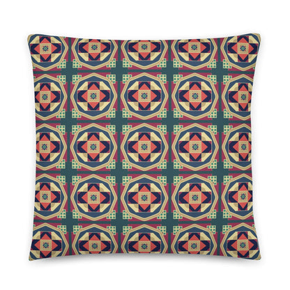 Product mockup for the Owen geometric pillow showing the colorful front of the pillow.