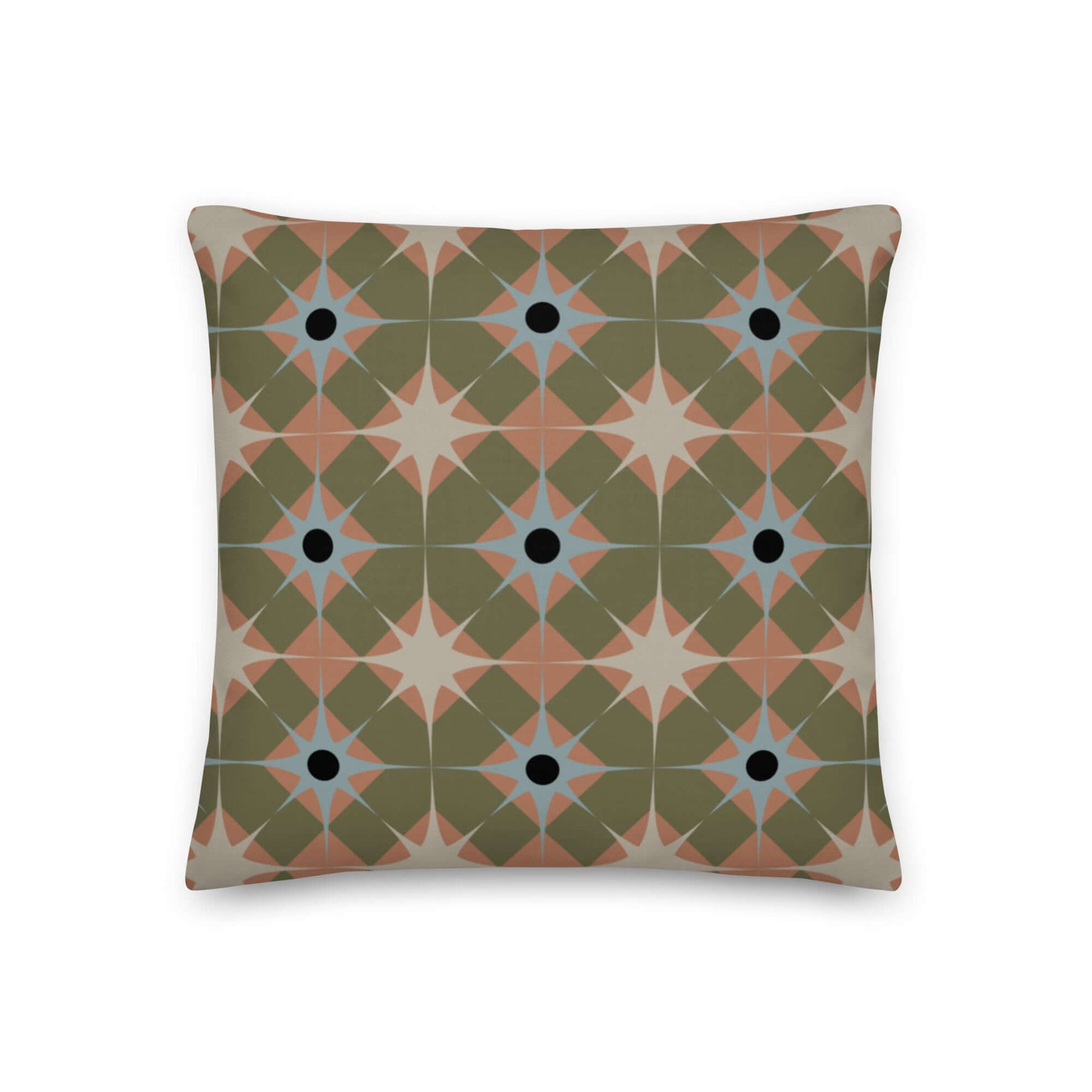 Product mockup for the square Pepper decorative throw pillow in green linen polyester 18 inch square.