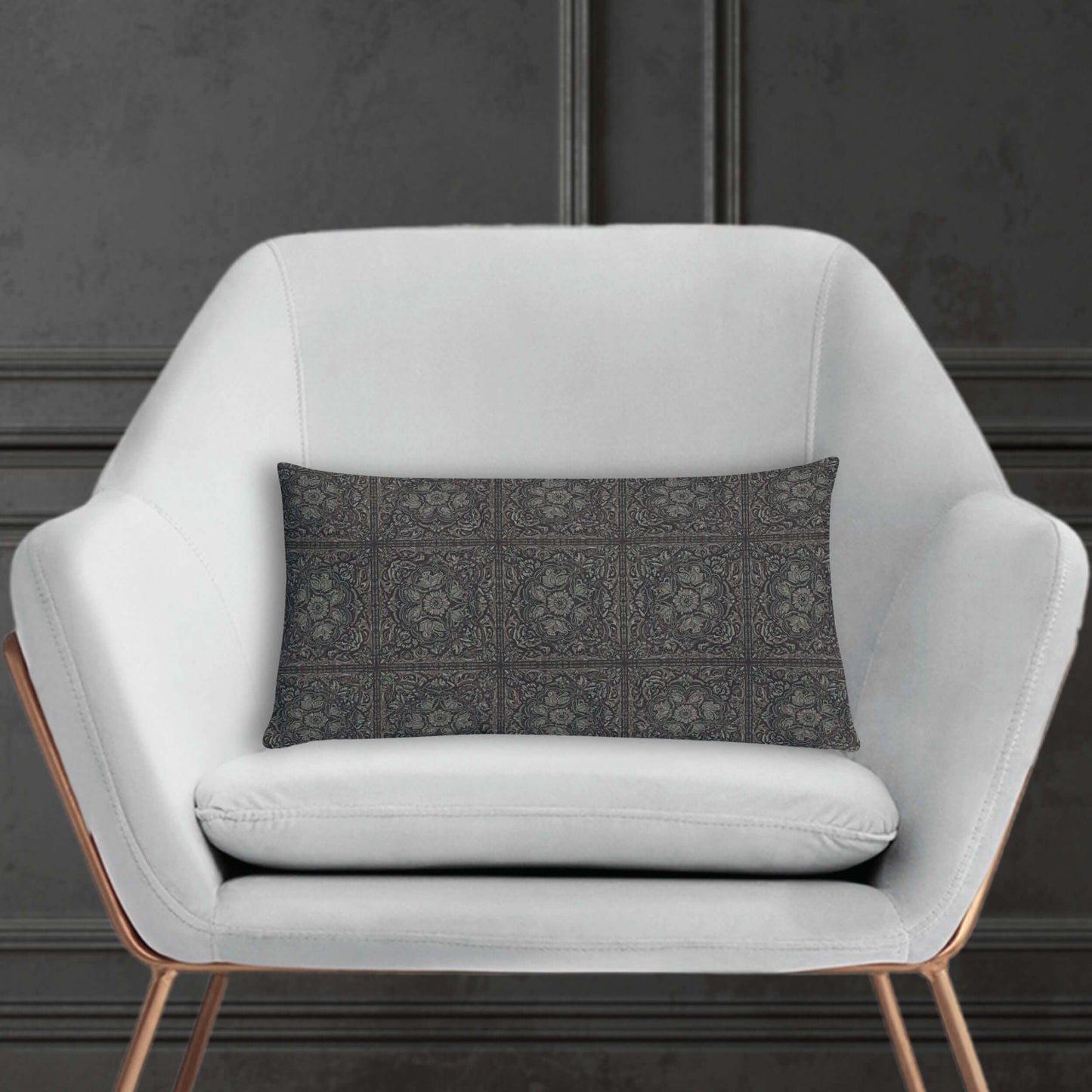 Rich, lumbar decorative throw pillow featuring a floral pattern in green adds rustic charm to a modern living room