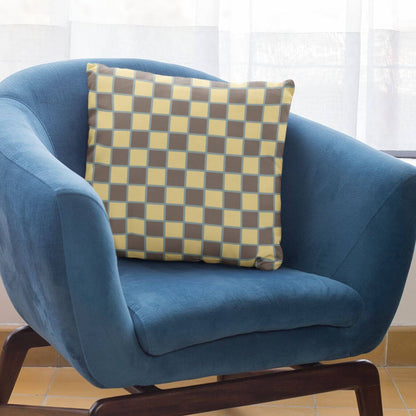 The Rowan pillow is a fun checkered pillow with buttery yellow, soft brown, and blue colors. This cute and cozy pillow adds a nostalgic feel to anyone wanting to express the playful side of their personality.