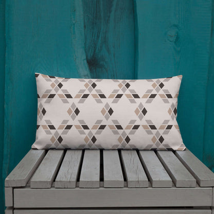 The Saige geometric lumbar pillow adds a neutral rustic vibe to a colorful patio