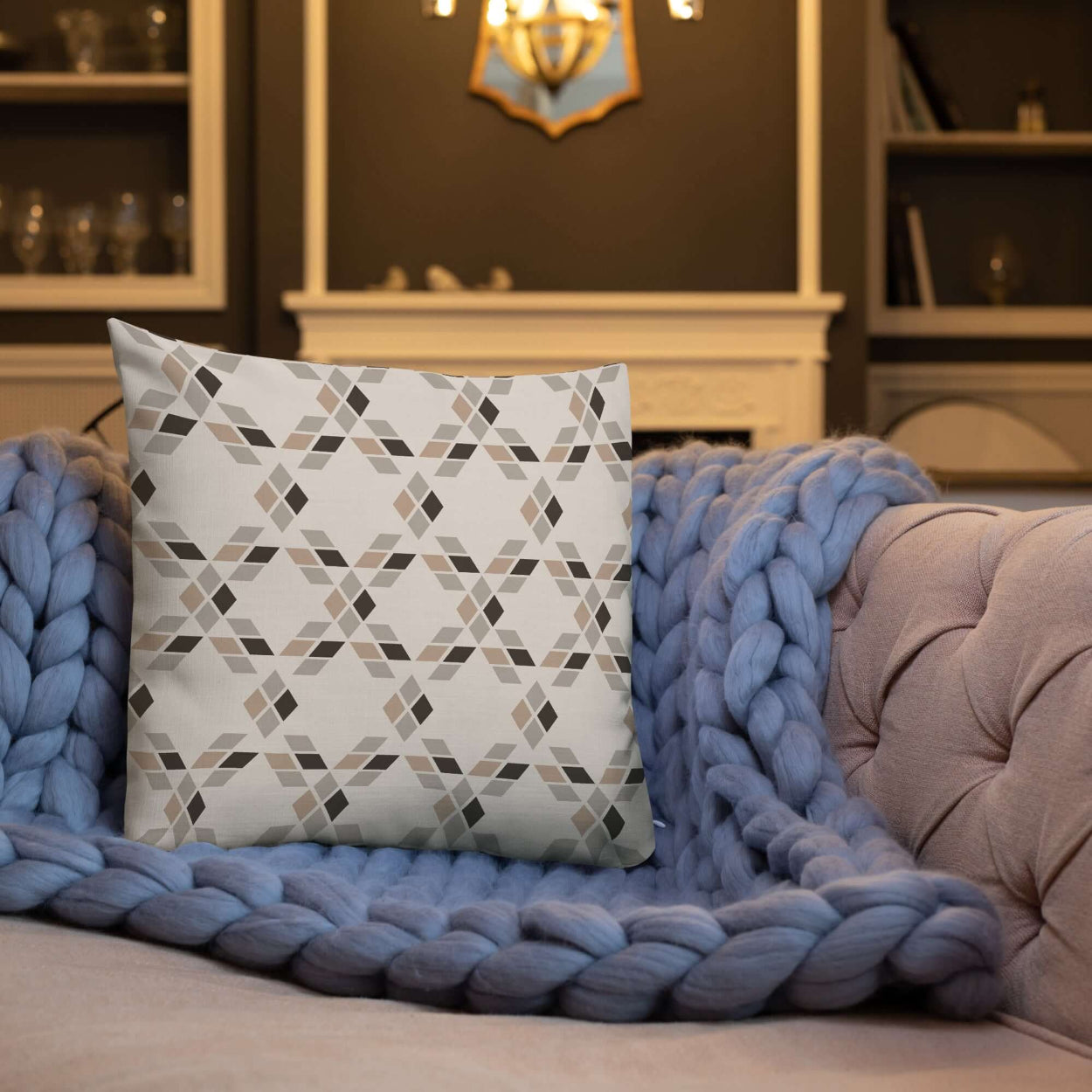 The Saige geometric star quilt pattern adds rustic charm to the living room