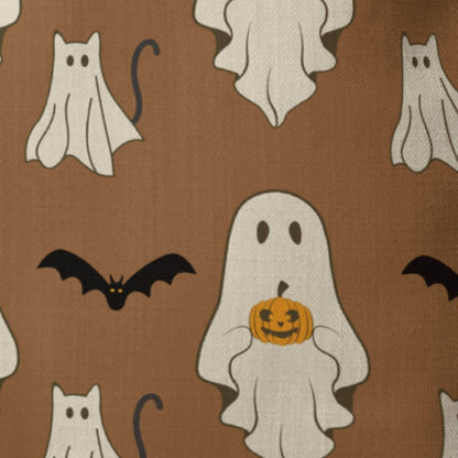 Halloween-themed pattern with ghosts, cats, and bats on a brown background