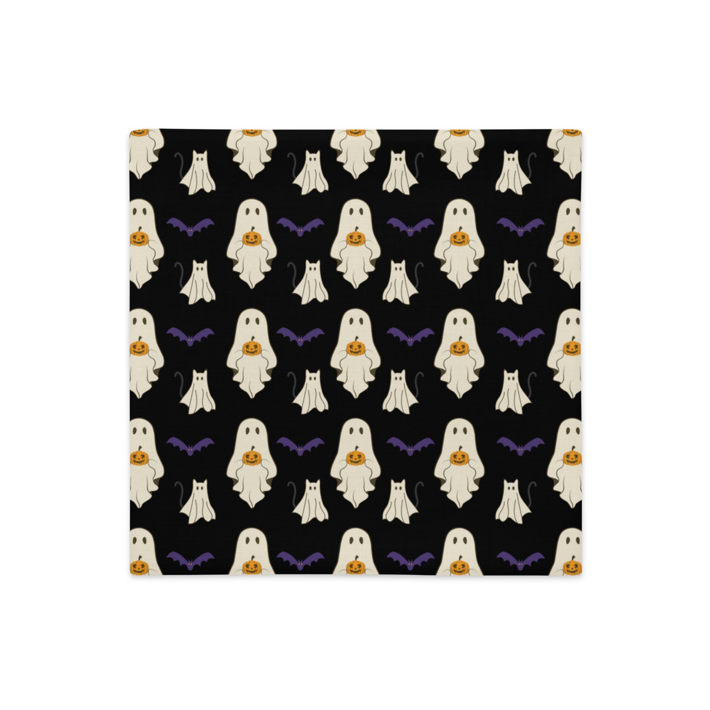 Halloween pillow cover with ghosts, cats, bats, and pumpkins against a black background.