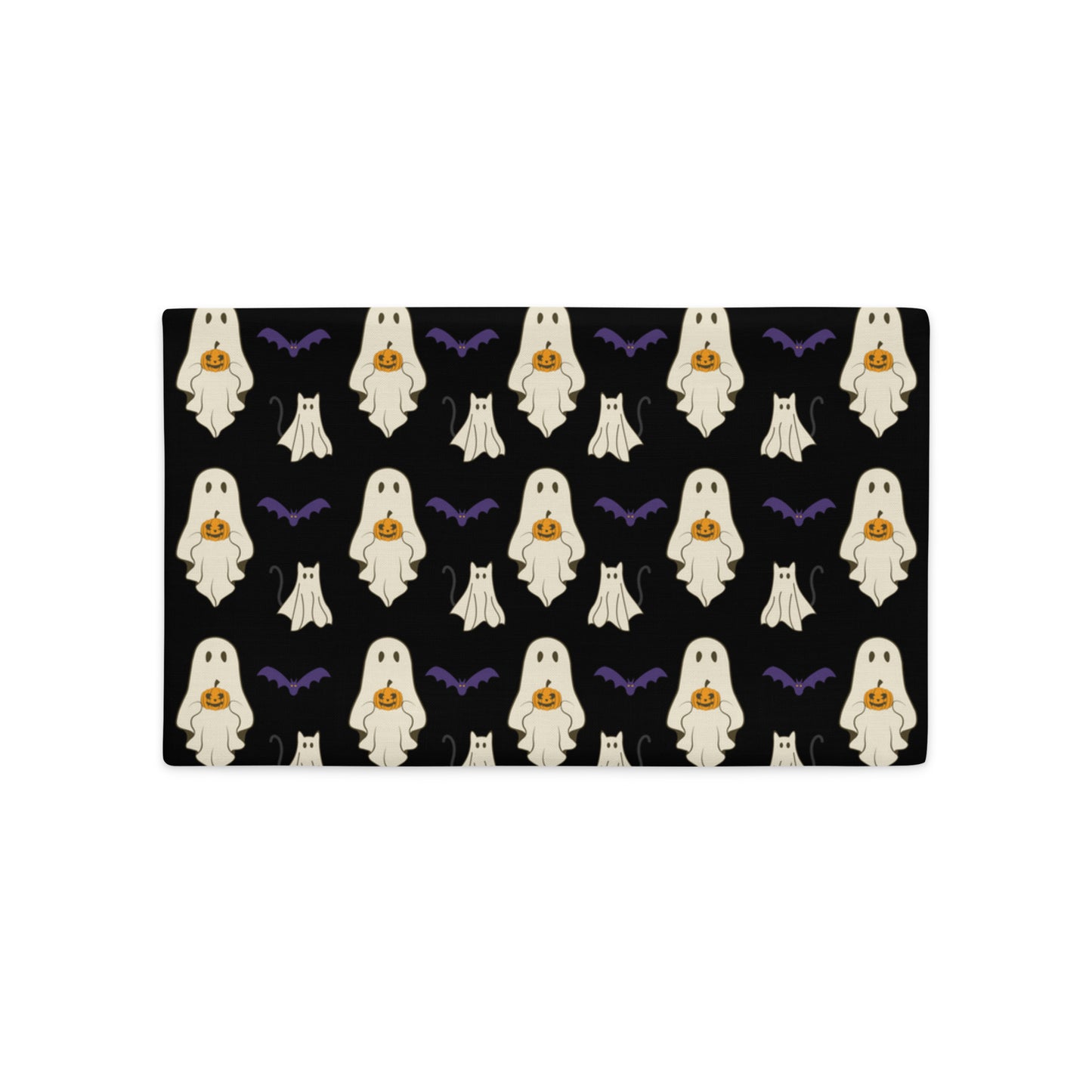 Halloween-themed lumbar pillow cover with ghosts, pumpkins, and bats on a black background
